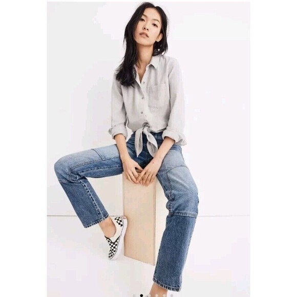 Madewell gray flannel tie-front shirt XS soft cotton button down top J.Crew N93 - Picture 2 of 11